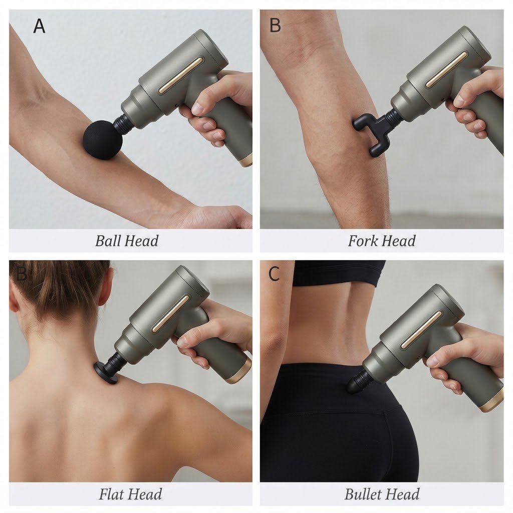 A four-panel usage guide showing Hassani Surgicals massage gun attachments on different body parts: ball head on arm, fork head on elbow, flat head on neck, and bullet head on lower back/hip.