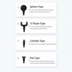 Instructional chart detailing four massage gun attachment heads including sphere, U-shape, cylinder, and flat types for targeted muscle therapy.