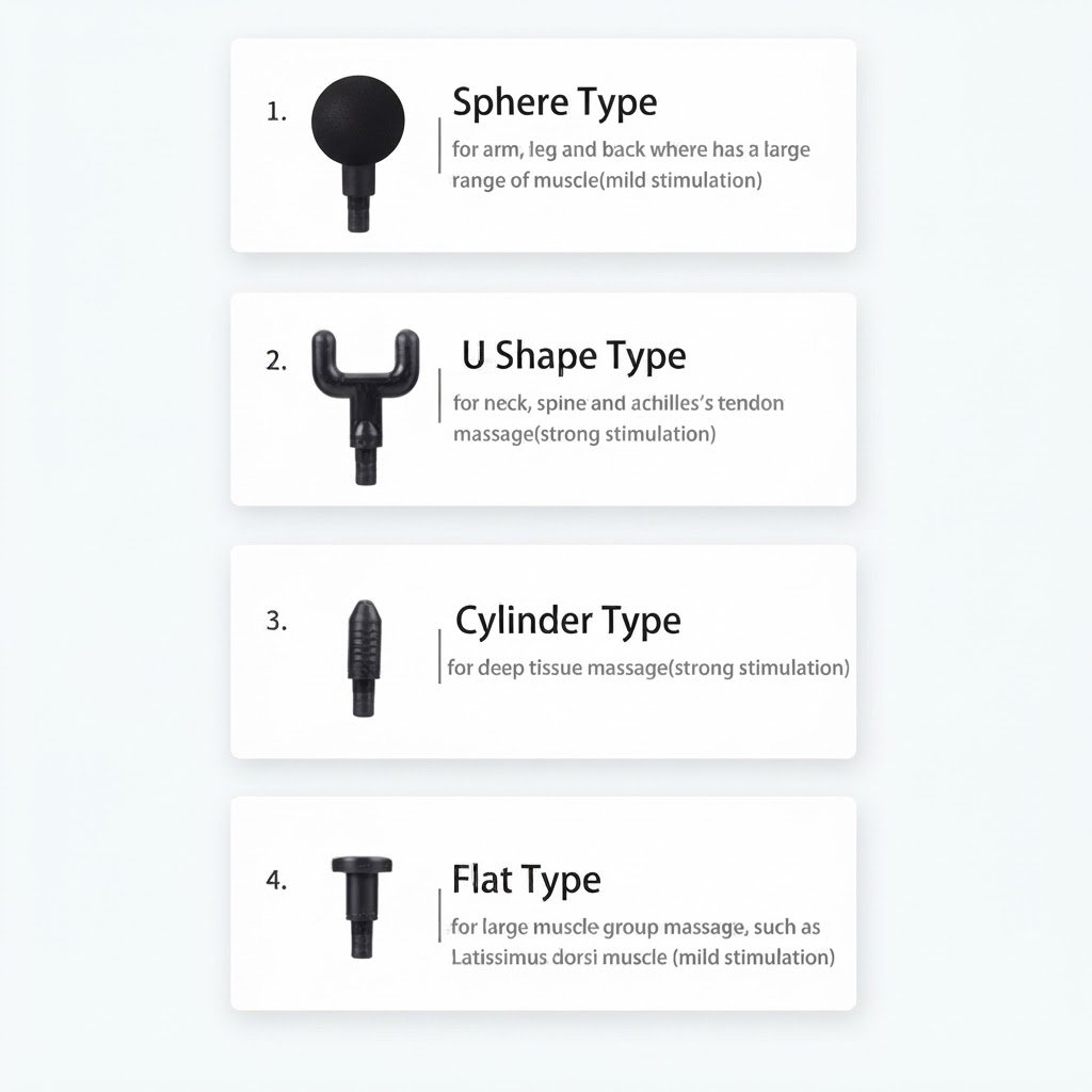 Instructional chart detailing four massage gun attachment heads including sphere, U-shape, cylinder, and flat types for targeted muscle therapy.