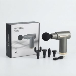 Portable grey massage gun and its four attachment heads positioned next to the retail product box on a clean white background.