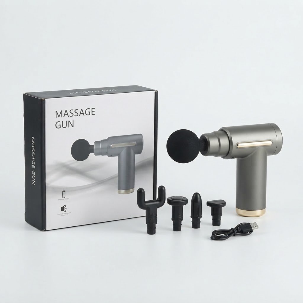 Portable grey massage gun and its four attachment heads positioned next to the retail product box on a clean white background.