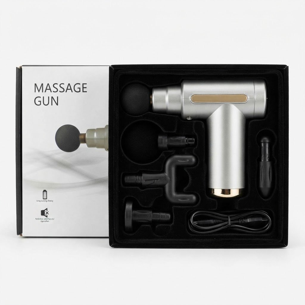 Silver deep tissue massage gun displayed with its interchangeable massage heads and USB charging cable inside an open black presentation box.